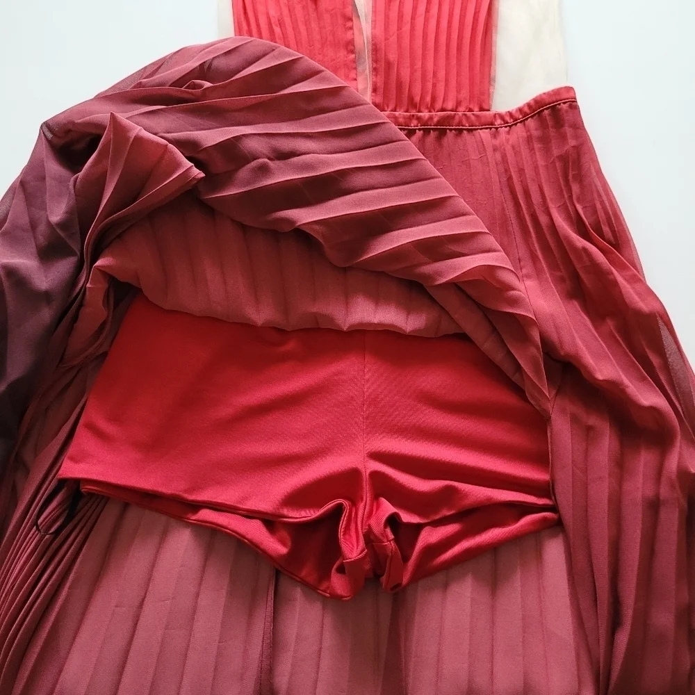 Bebe red ombre pleated double  split illusion bodice formal evening gown - Picture 9 of 13